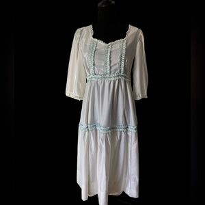 Hand Crafted Cream Long Sleeve Dress with Blue Details